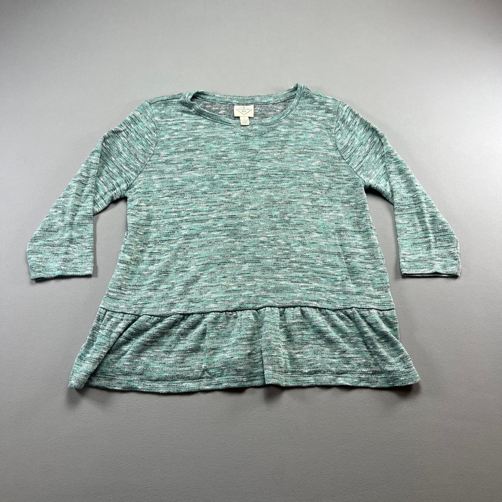 St John's Bay Peplum Top Women Medium Green Space Dye Quarter Sleeve Flounce Hem